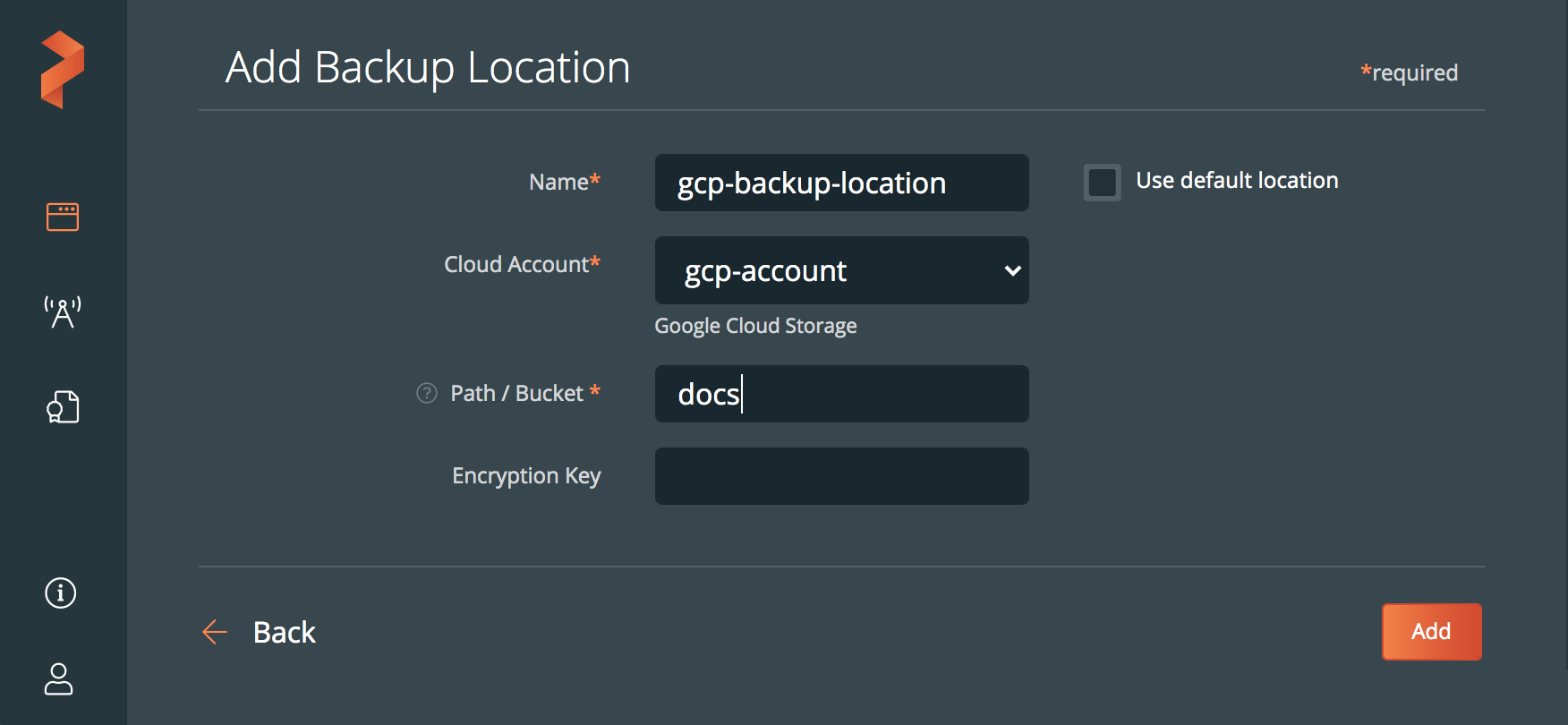Configure a Google cloud backup location